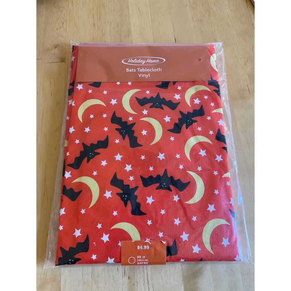 Holiday Home Halloween Bats Tablecloth Vinyl Orange Round 60 Inch PEVA New